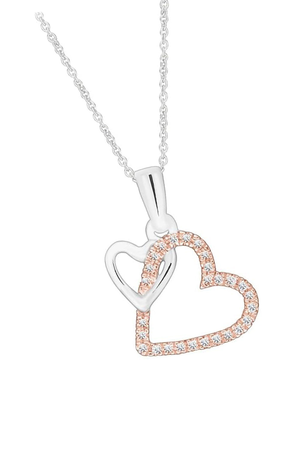 White Gold Color Double Interlocking Love Heart Pendant Necklace, 