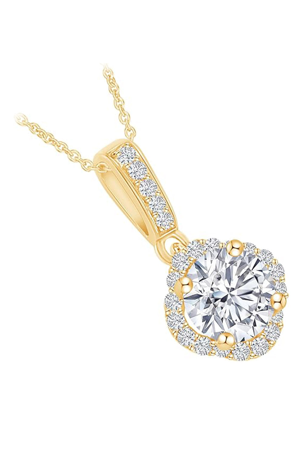 Yellow Gold Color Diamond Four Leaf Lucky Clover Halo Pendant Necklace