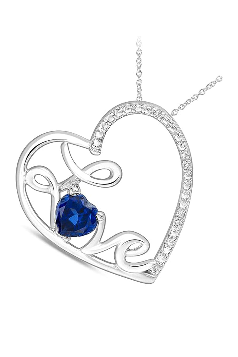White Gold Color Blue Sapphire Love Heart Pendant Necklace
