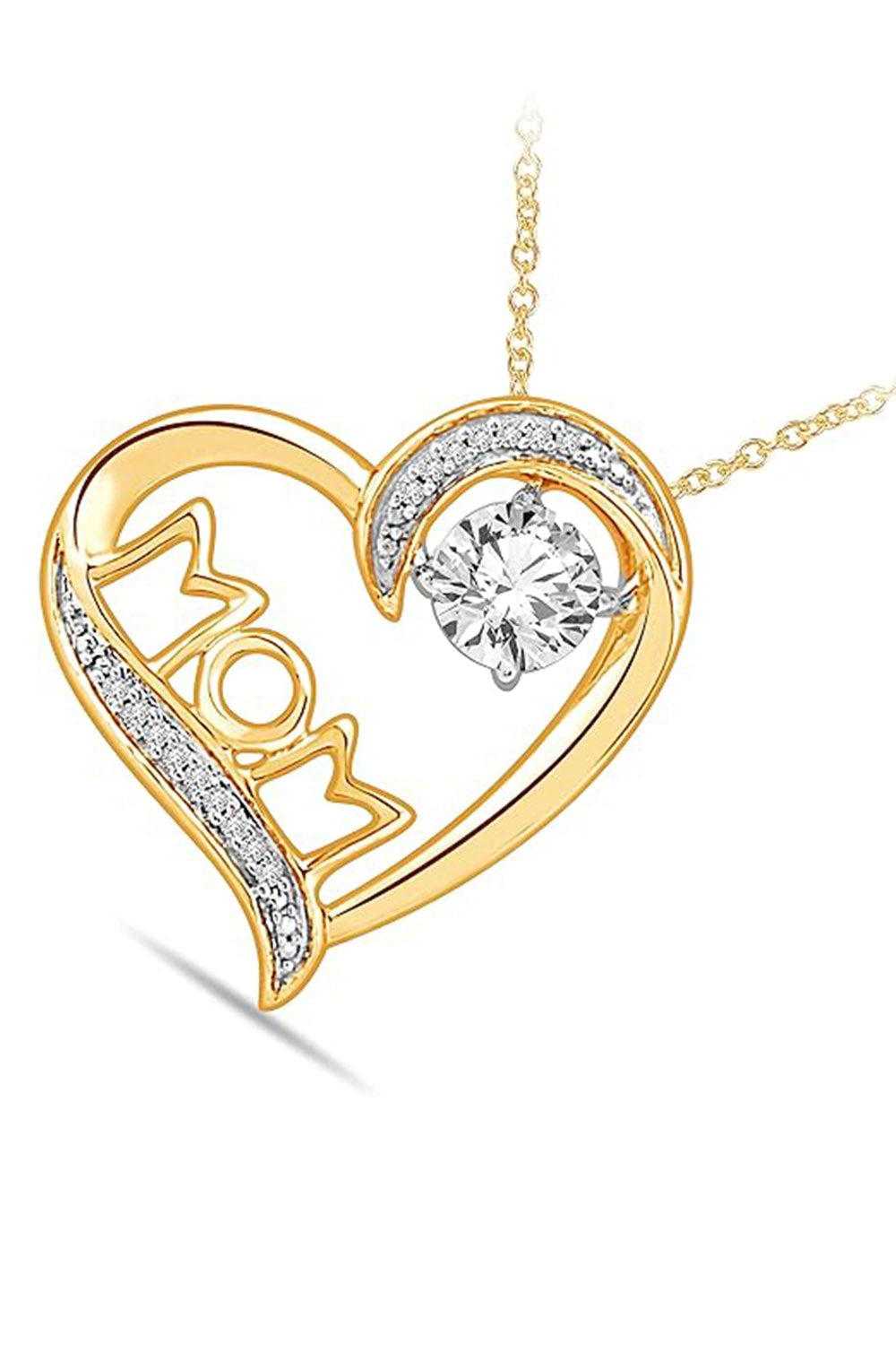 Yellow Gold Color Round Diamond Mom Heart Pendant Necklace