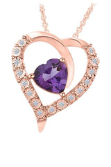 Rose Gold Color Heart-Shape Simulated Amethyst Heart Pendant Necklace 