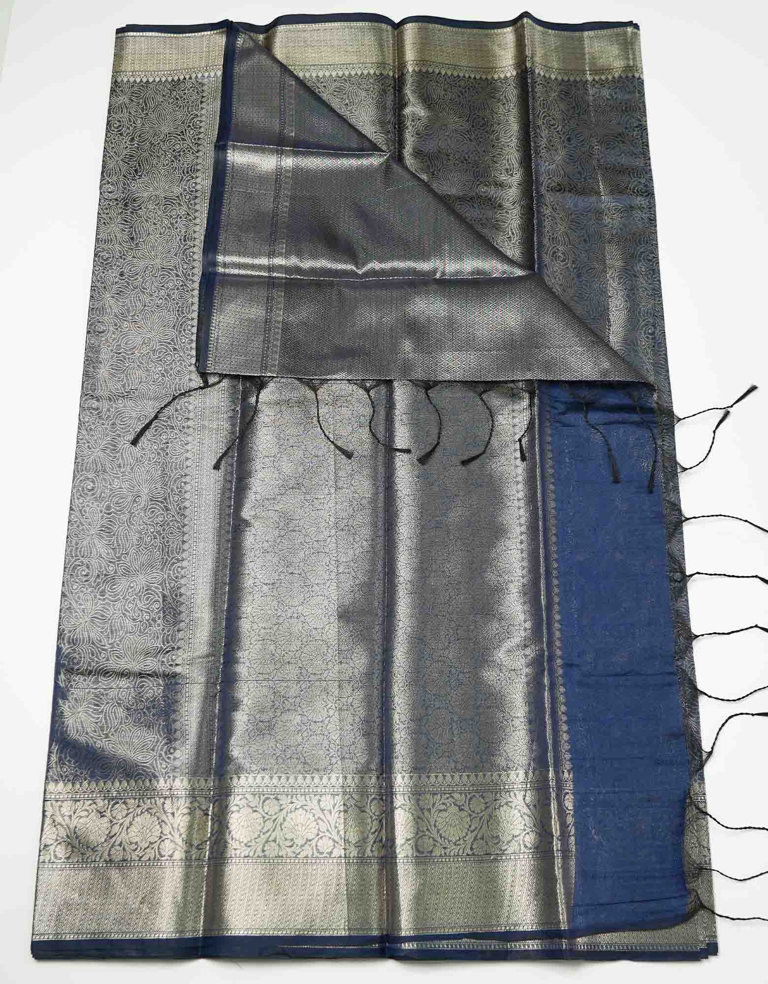 Prusssian Blue Fancy Silver Brocade Saree