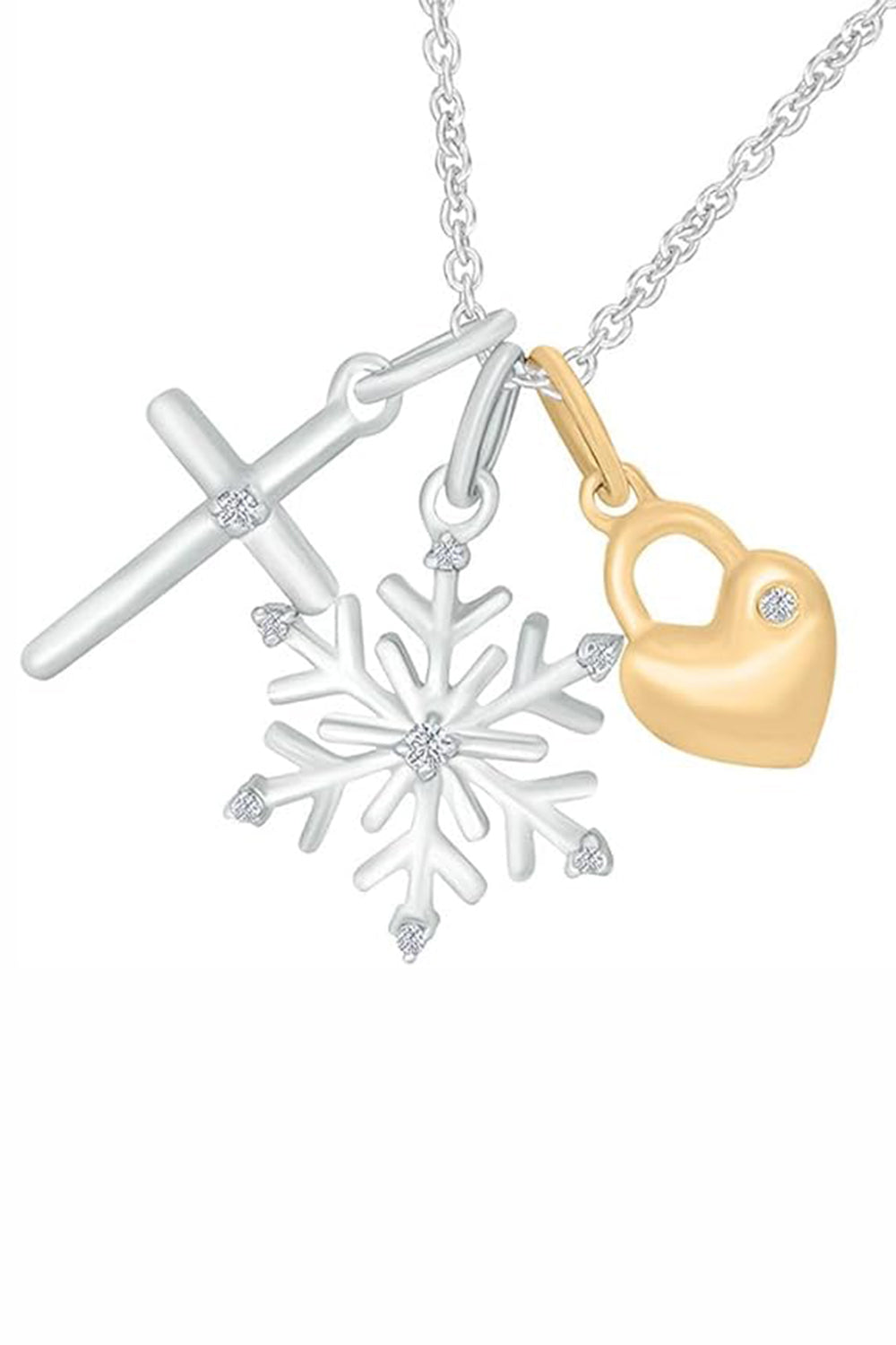 Moissanite Cross, Snowflake and Heart Lock Charms Pendant Necklace in 18k Two tone Gold Plated Sterling Silver.