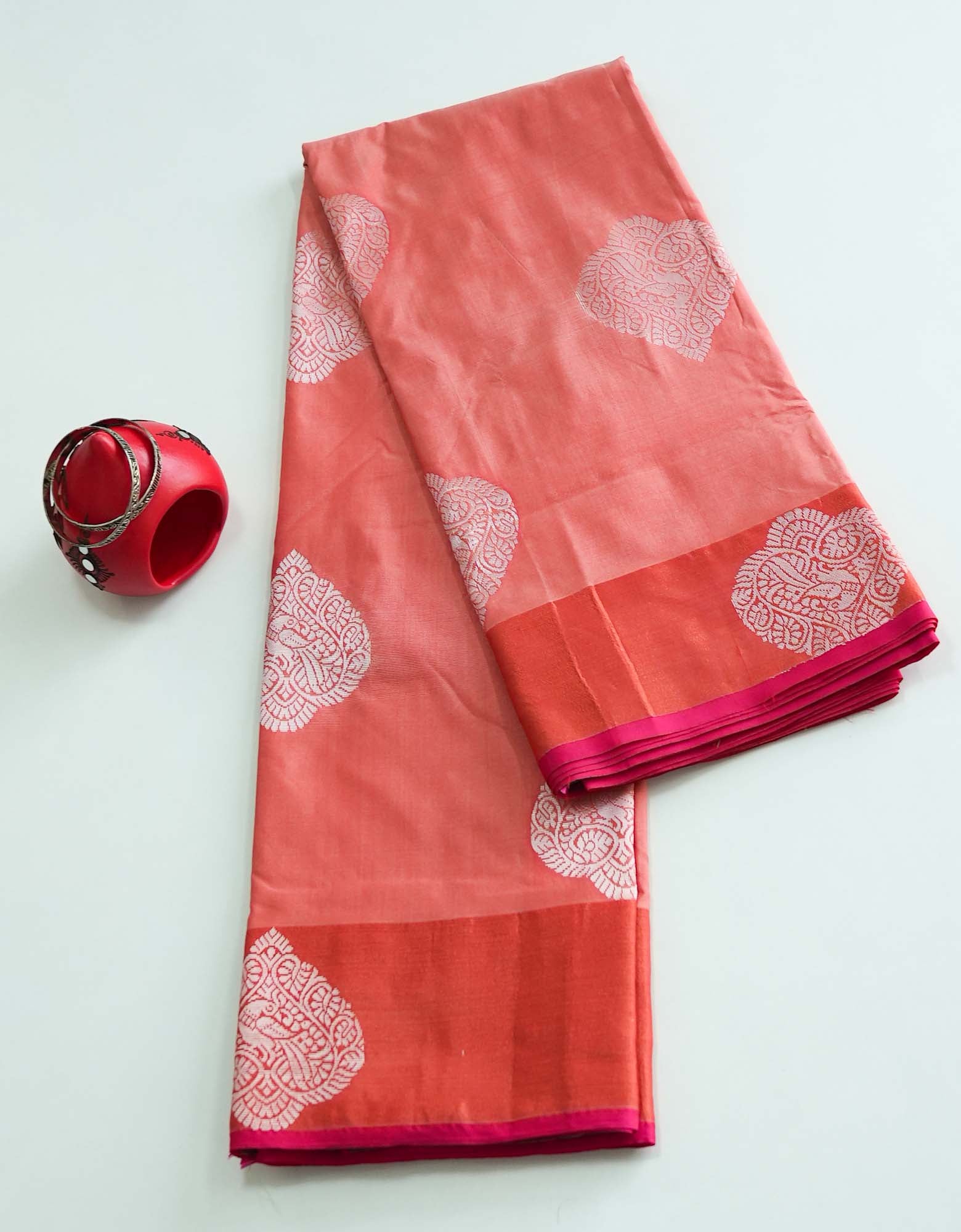 Pink Orange Color Silk Cotton Saree