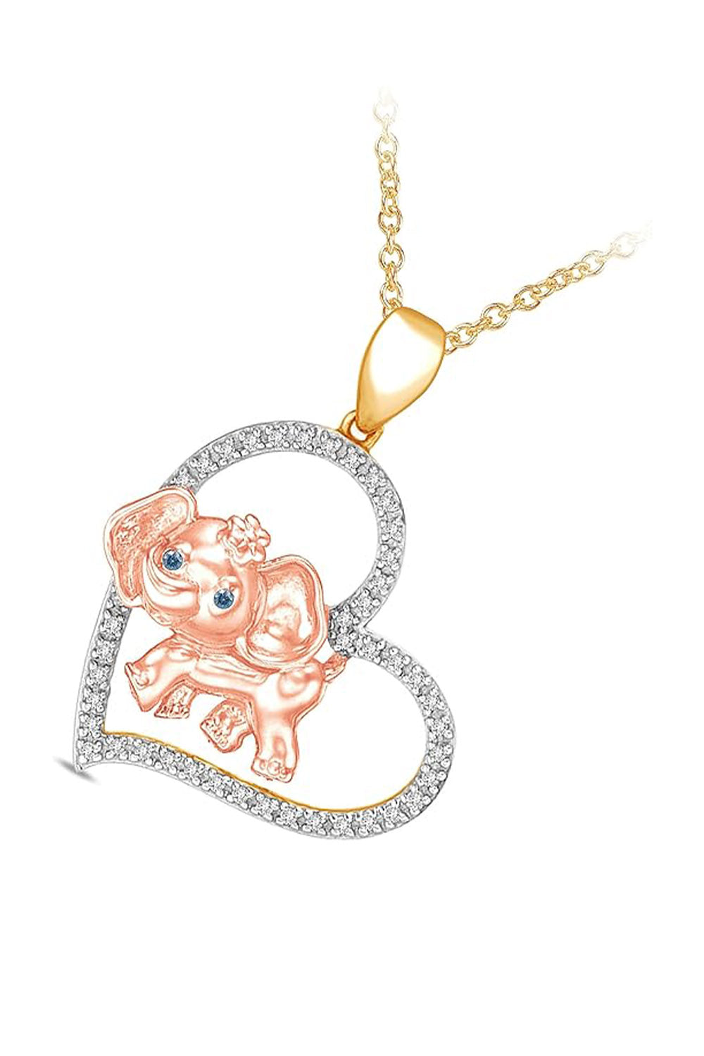Yellow Gold Color Blue and White Elephant Heart Pendant Necklace 