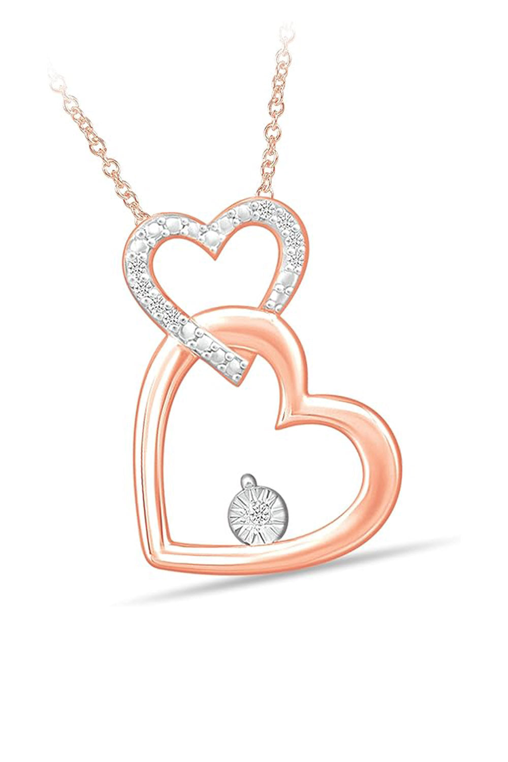 Moissanite Beaded Interlocking Love Double Heart Pendant Necklace in 18K Gold Plated Sterling Silver.