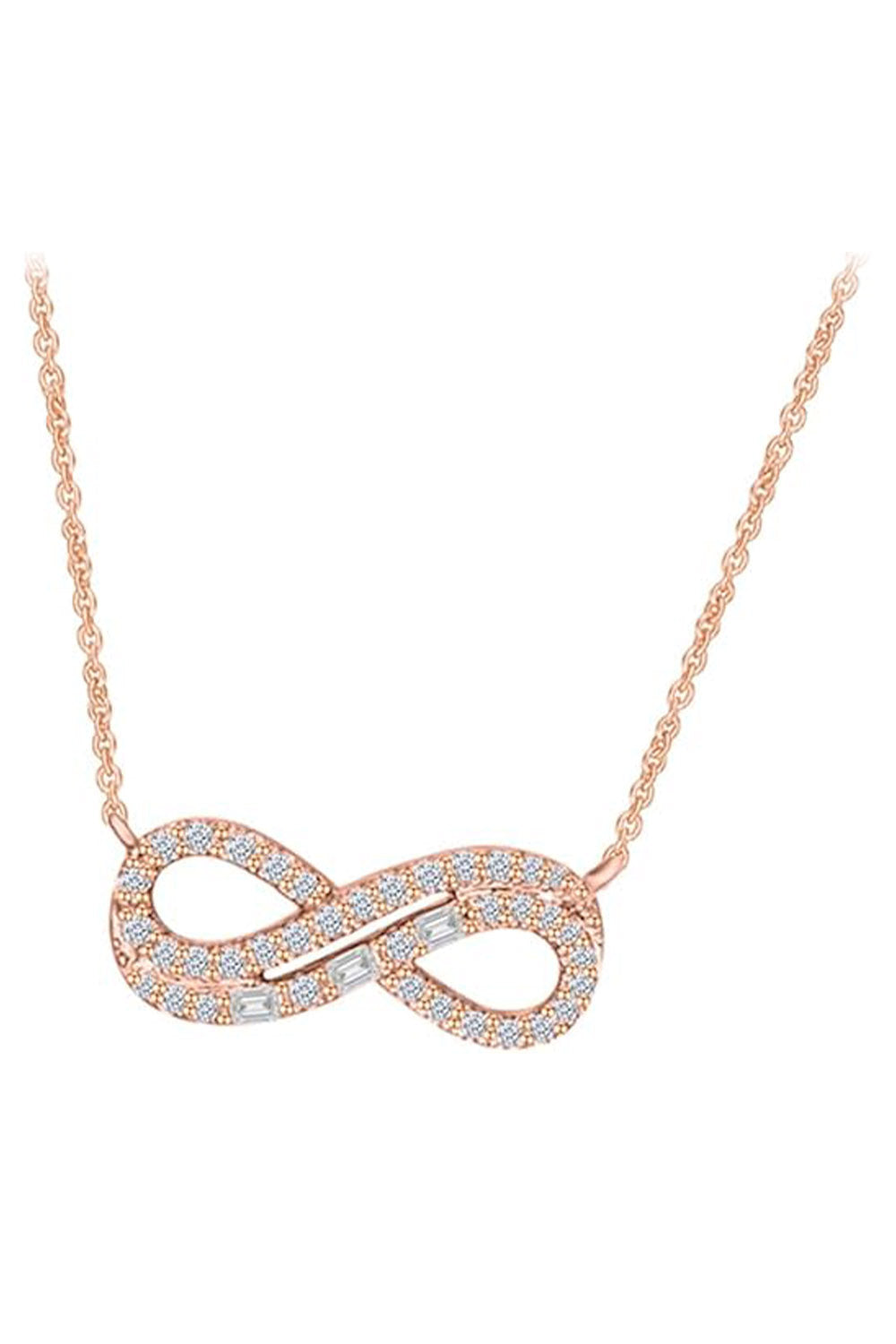 Rose Gold Color Baguette and Double Row Infinity Pendant Necklace 