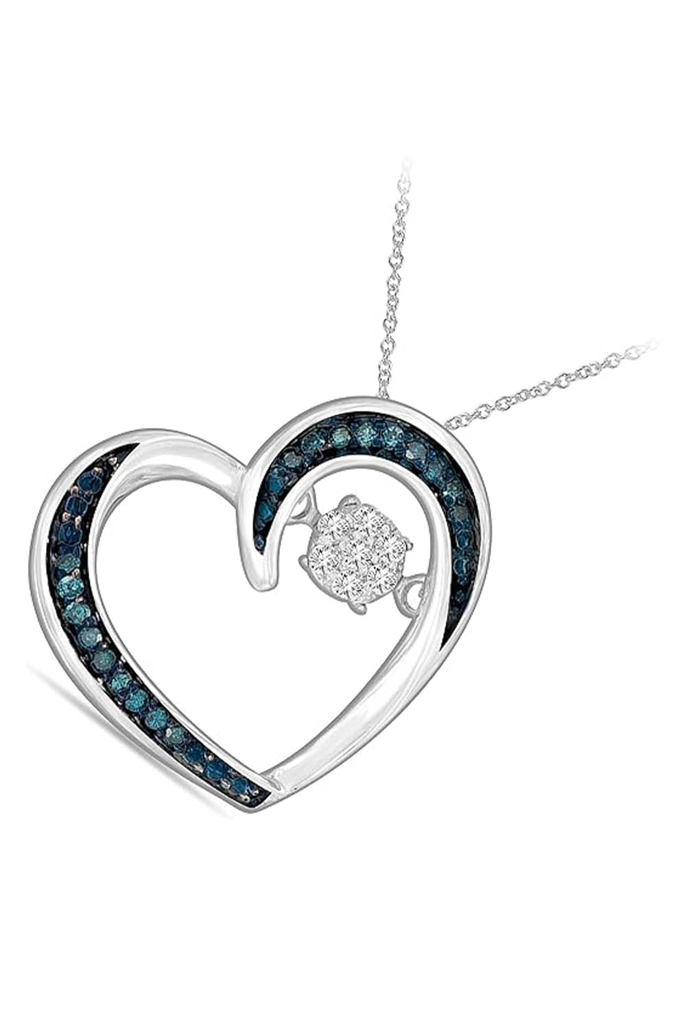 White Gold Color Blue and White Moissanite Heart Pendant Necklace