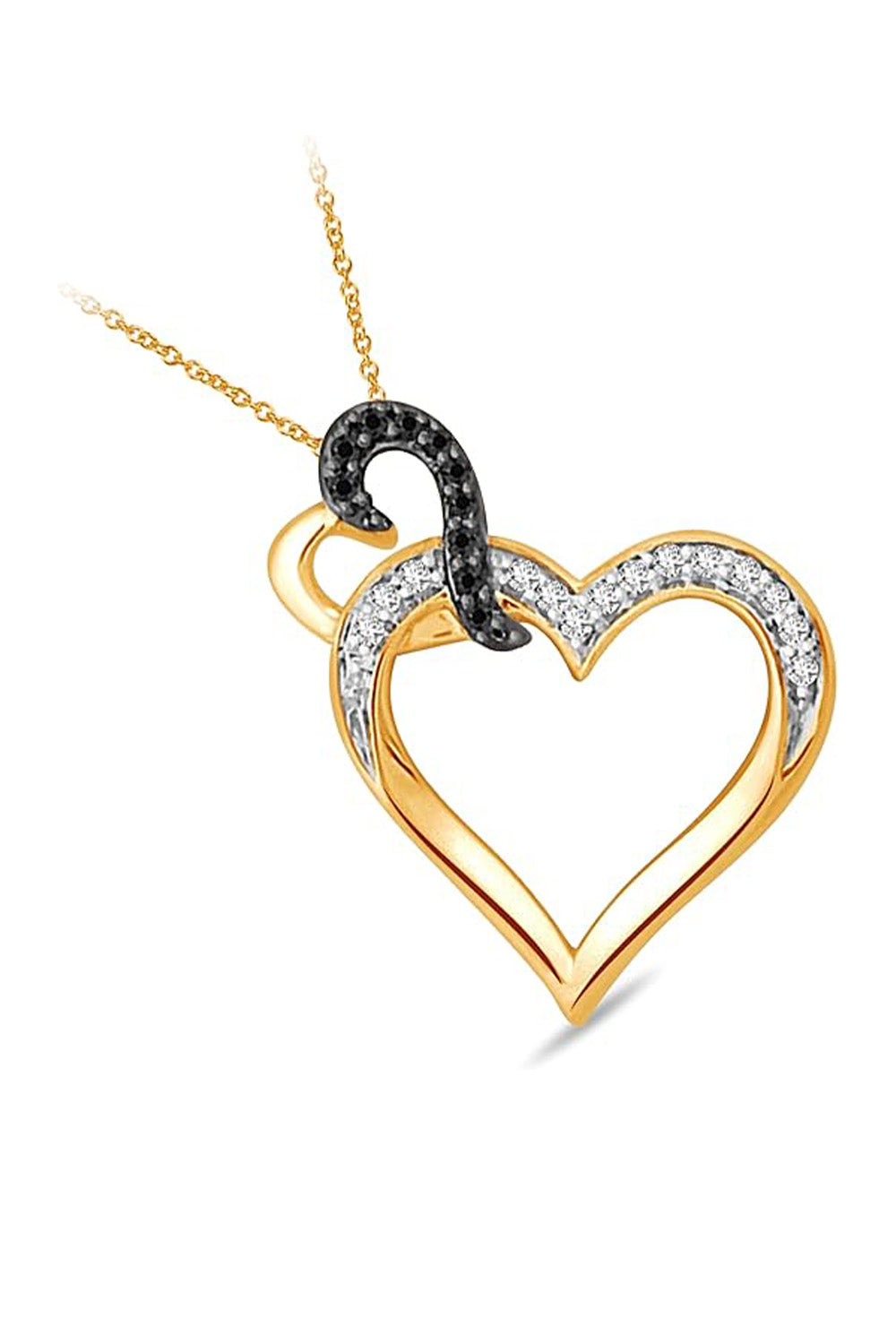 Yellow Gold Color Black and White Double Heart Pendant Necklace
