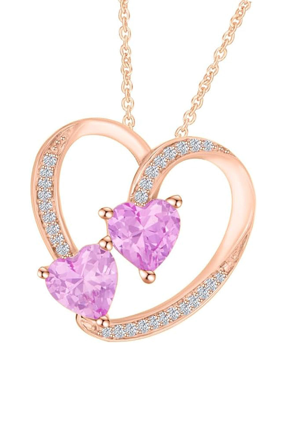 Rose Gold Color Pink Sapphire and Moissanite Heart Pendant Necklace 