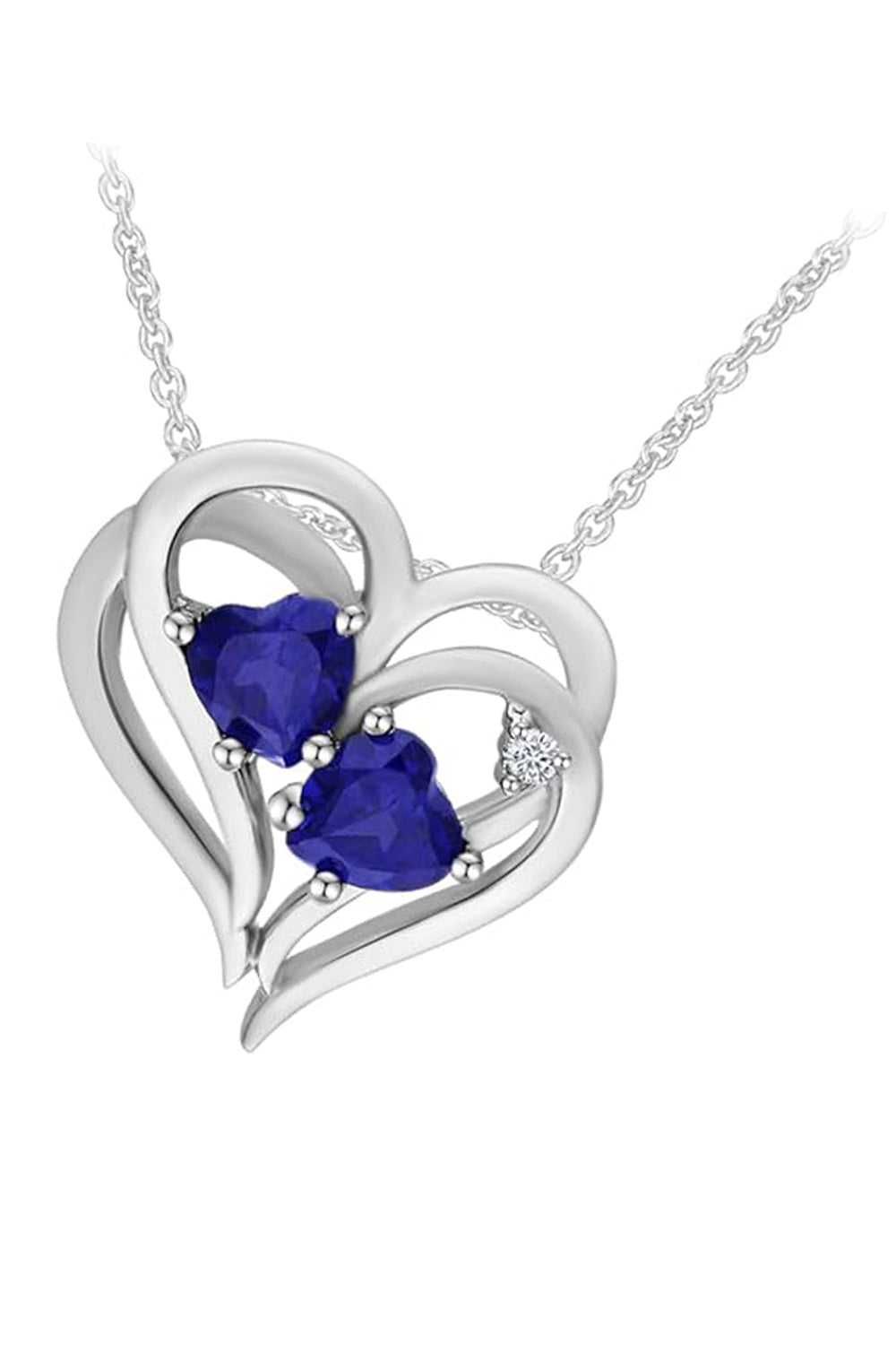 White Gold Color Blue Sapphire and Double Heart Pendant Necklace