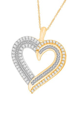 Yellow Gold Color Baguette and Double Row Heart Pendant Necklace 