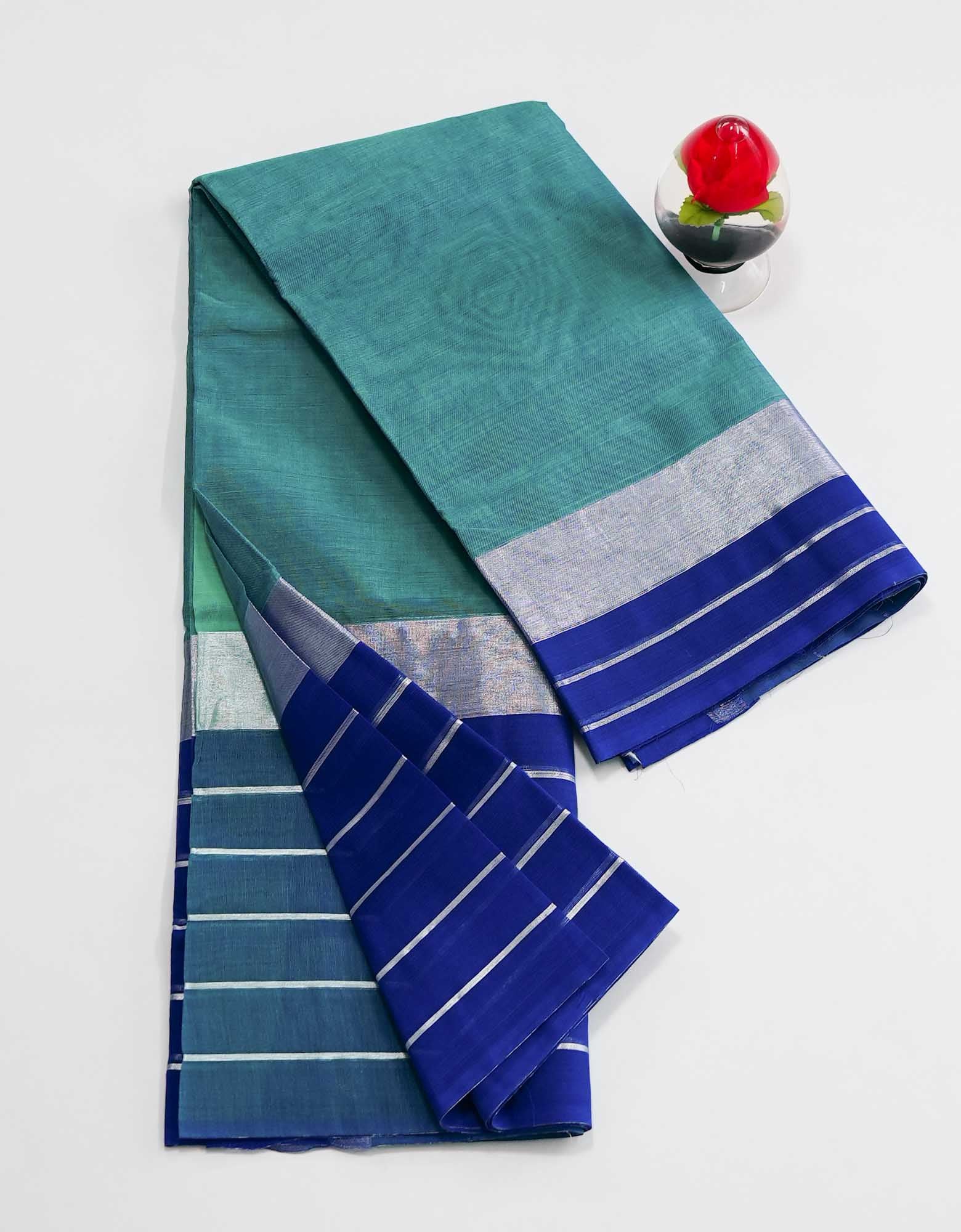 Dark Aqua Color Cotton Saree with Silver Line