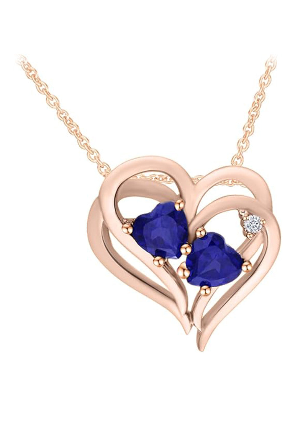Rose Gold Color Blue Sapphire and Double Heart Pendant Necklace