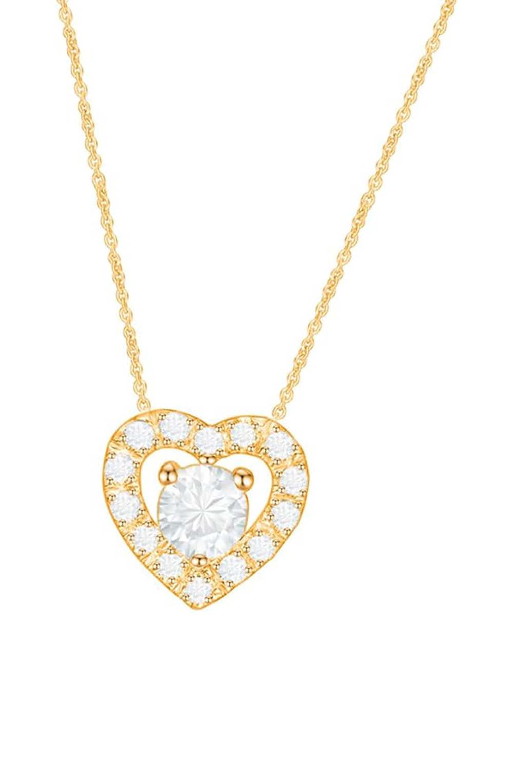 Yellow Gold Color Round Solitaire Moissanite Halo Heart Pendant Necklace