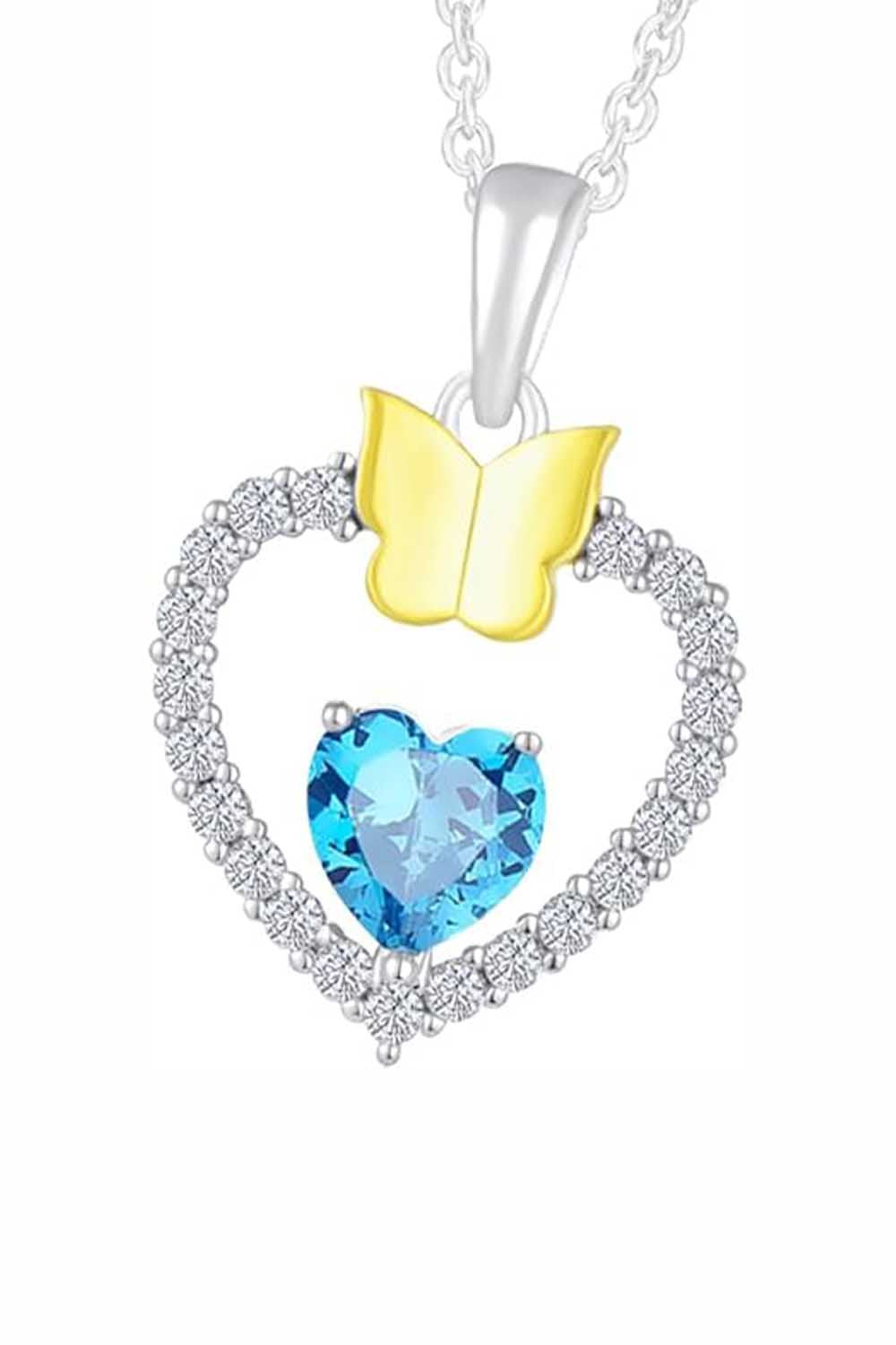 Aquamarine Gemstone Heart with Butterfly Pendant Necklace