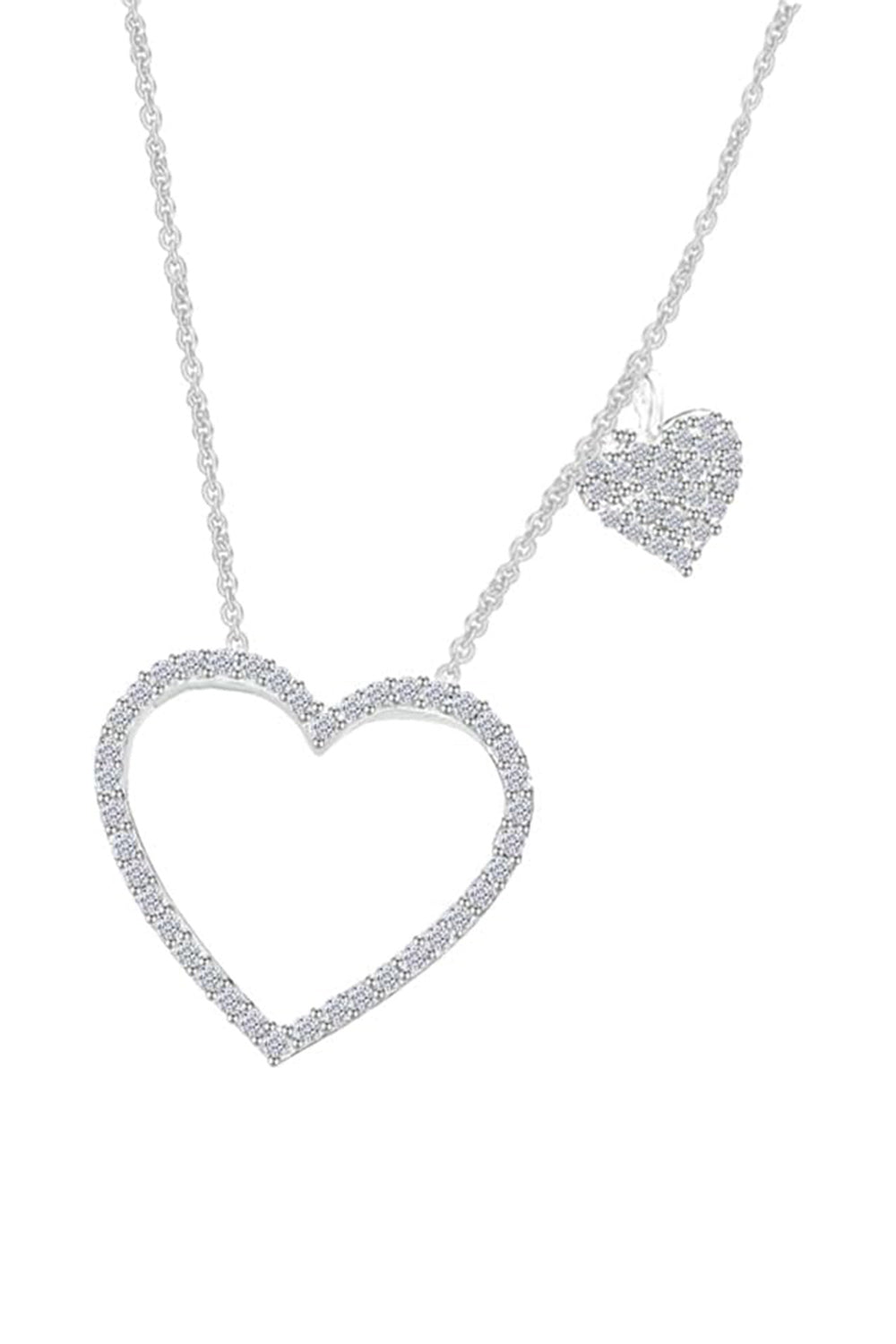 White Gold Color Heart Outline with Heart Dangle Station Necklace 