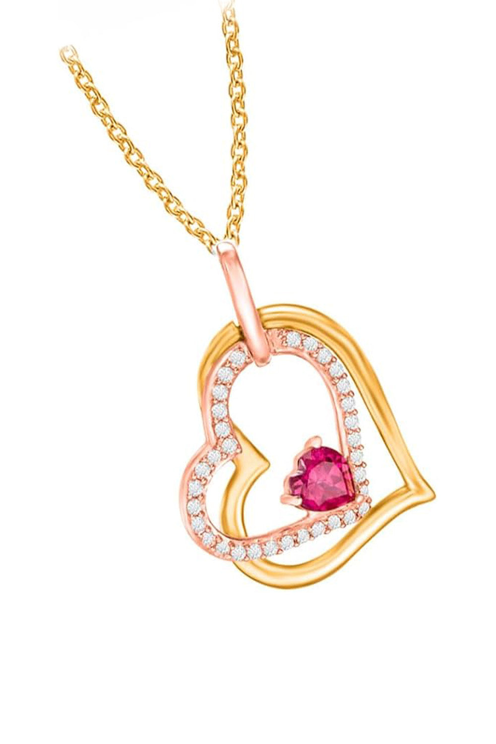 Yellow Gold Color Ruby Diamond Tilted Double Heart Pendant Necklace