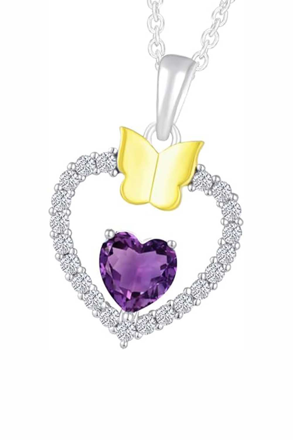 Amethyst Gemstone Heart with Butterfly Pendant Necklace