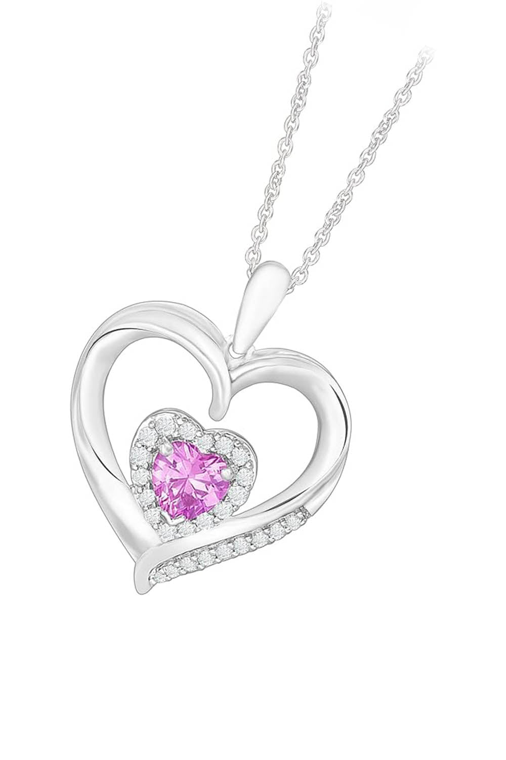 White Gold Color Pink Sapphire Diamond Double Heart Pendant Necklace 