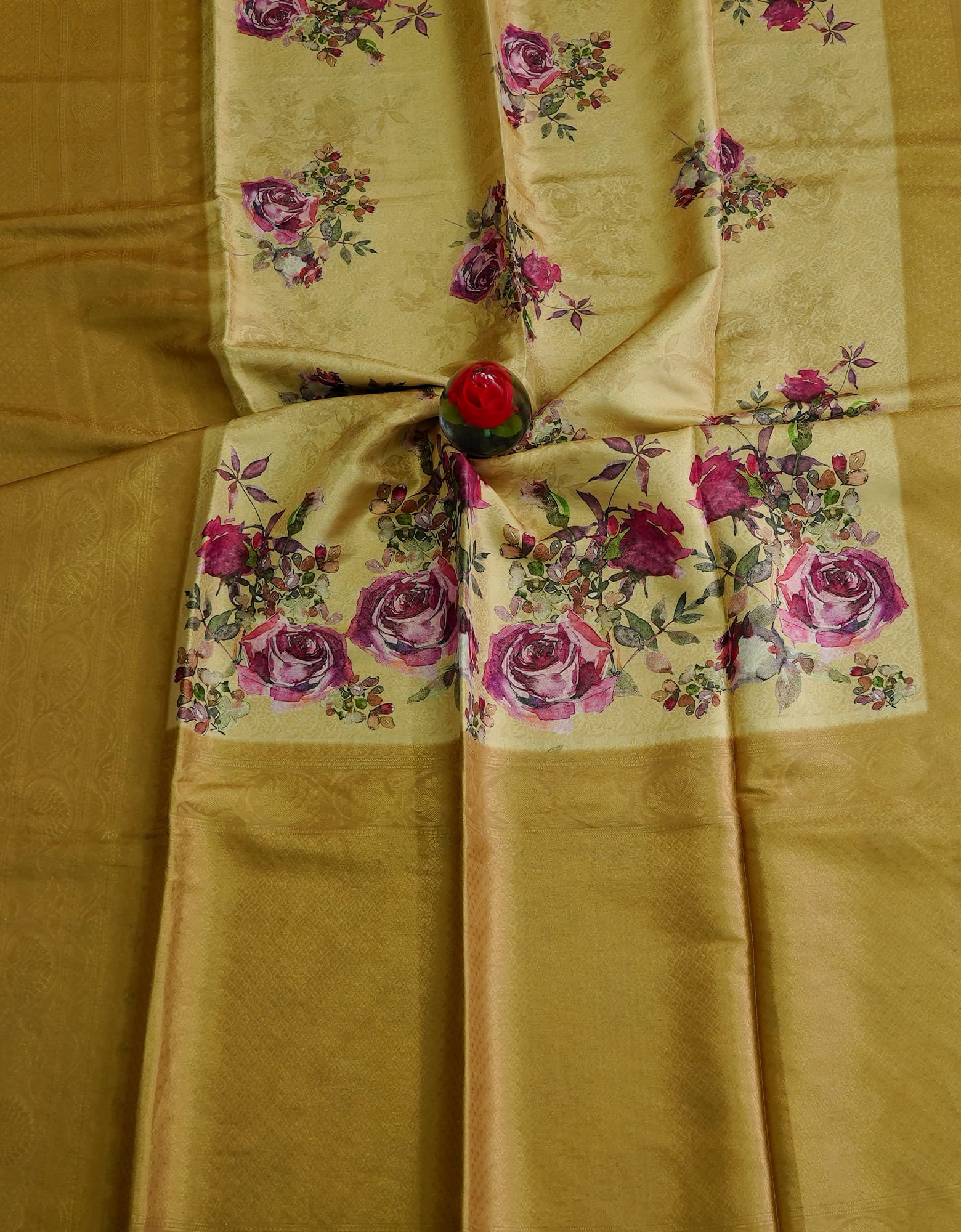 Golden Brown Jacquard Floral Print Saree
