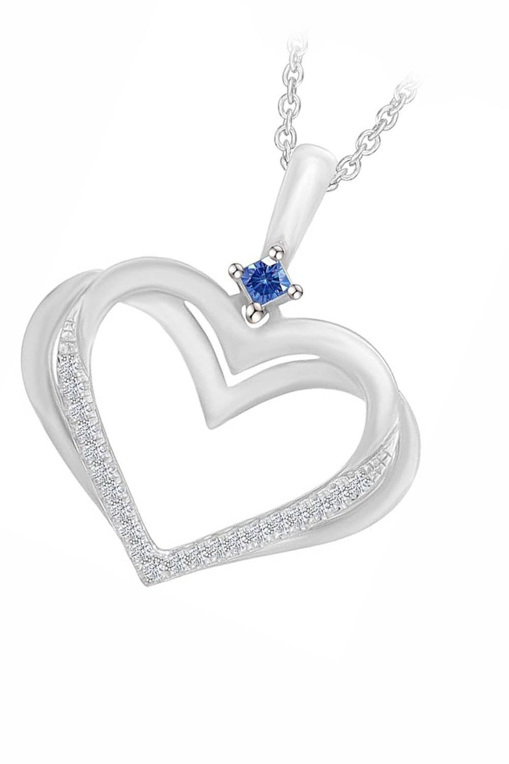 White Gold Color Stylish Blue Sapphire Double Heart Pendant Necklace