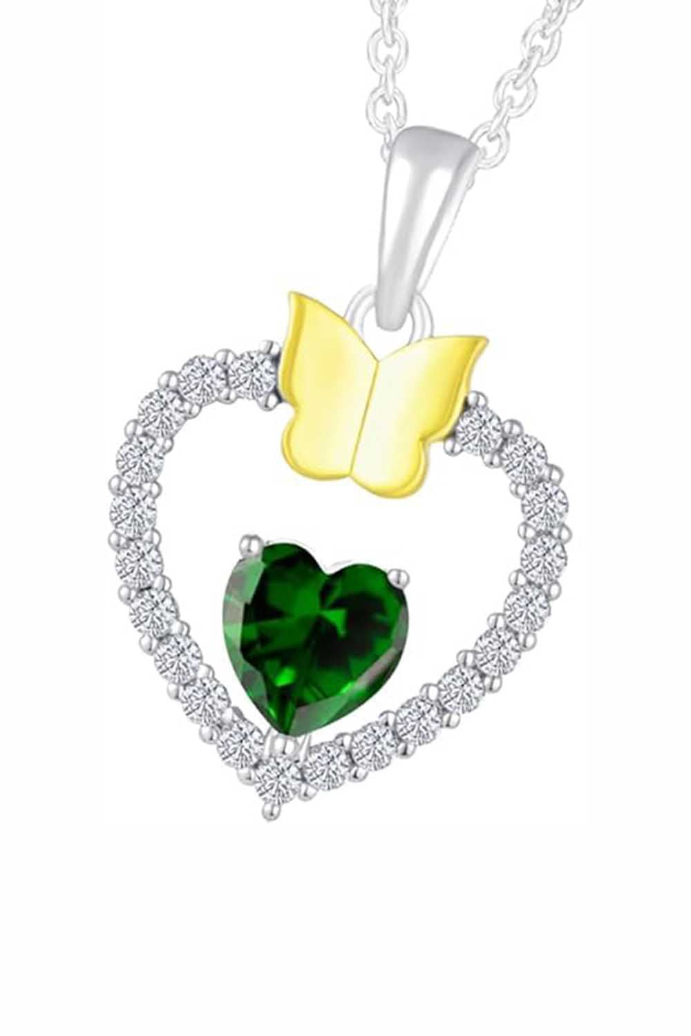 Emerald Gemstone Heart with Butterfly Pendant Necklace