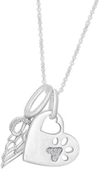White Gold Color Paw Print Heart Angel Wing Charm Pendant Necklace