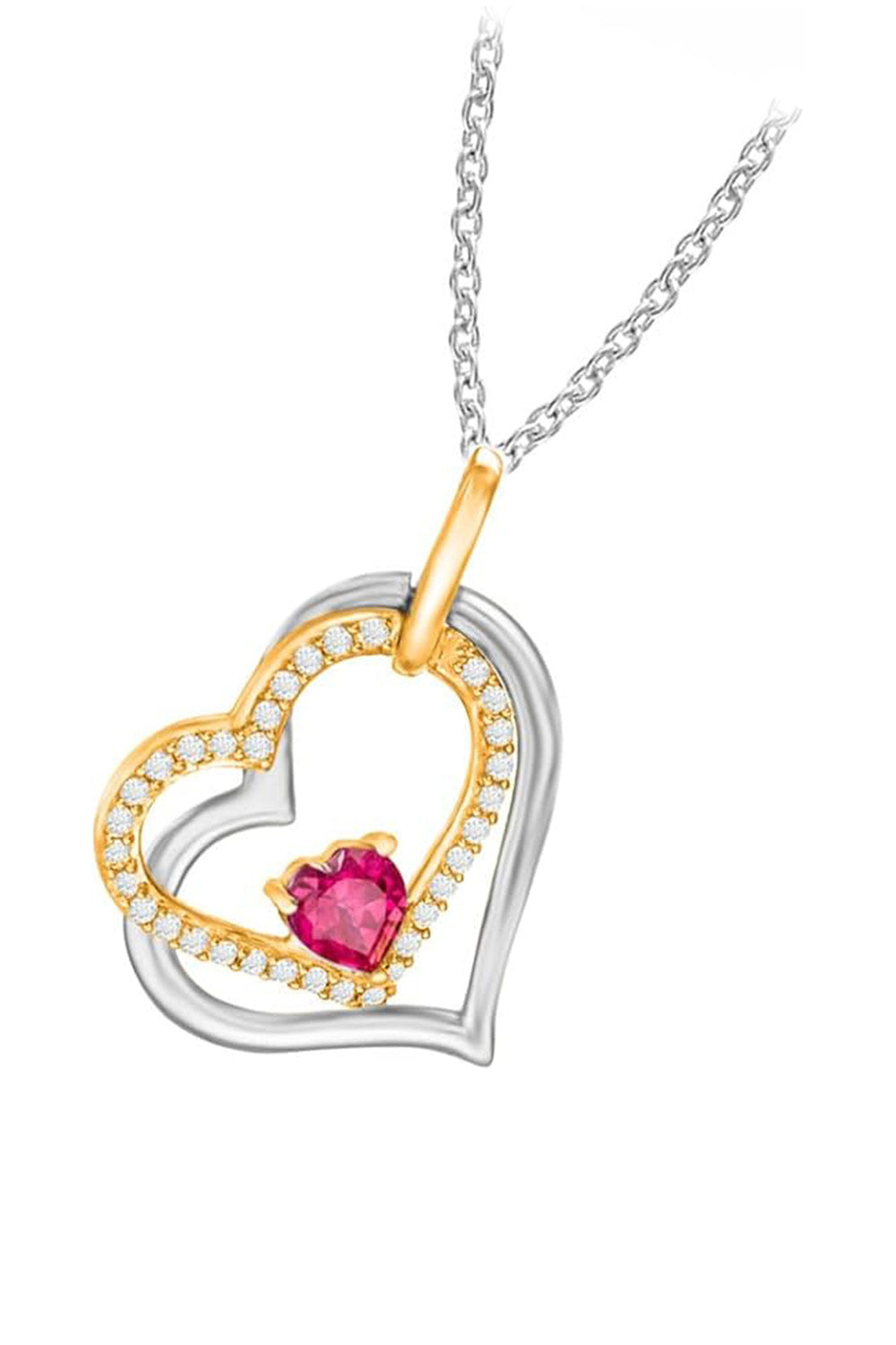 White Gold Color Ruby Diamond Tilted Double Heart Pendant Necklace
