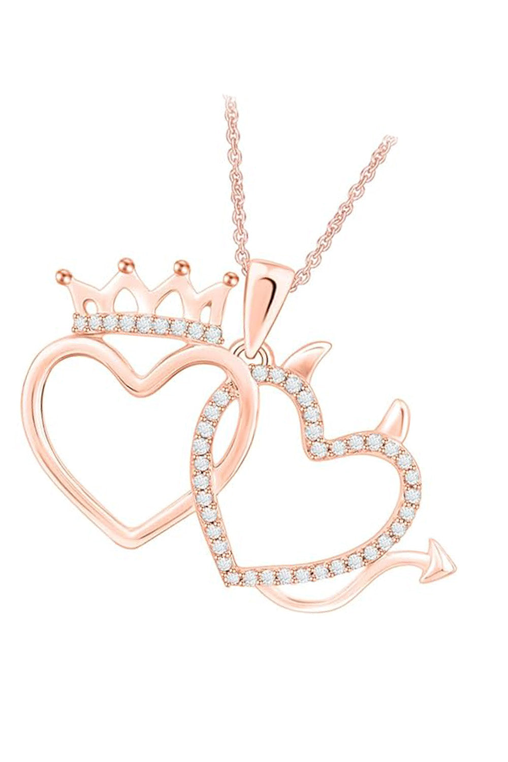 Rose Gold Color Crown Devil Double Heart Pendant Necklace