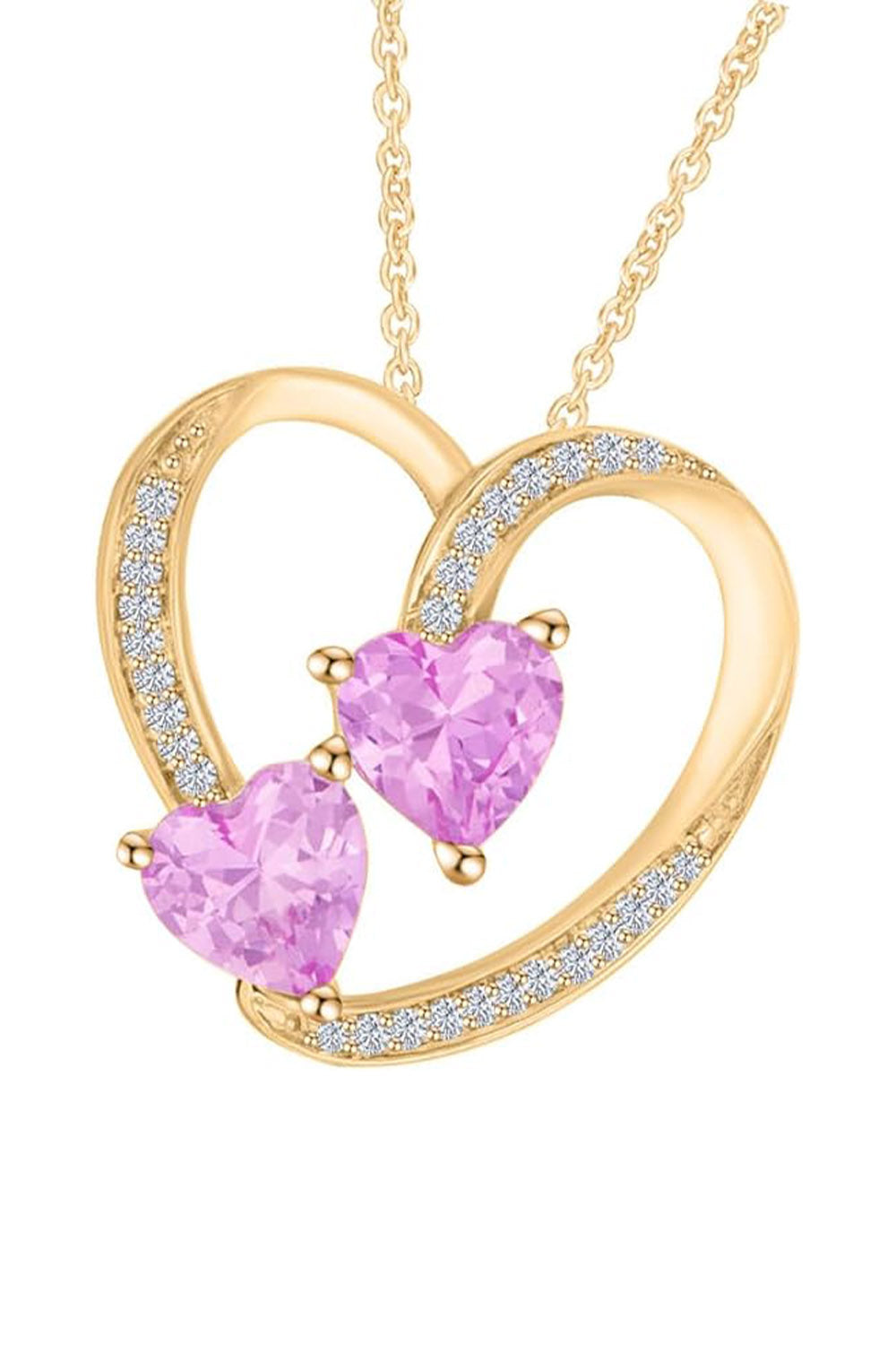 Yellow Gold Color Pink Sapphire and Moissanite Heart Pendant Necklace 