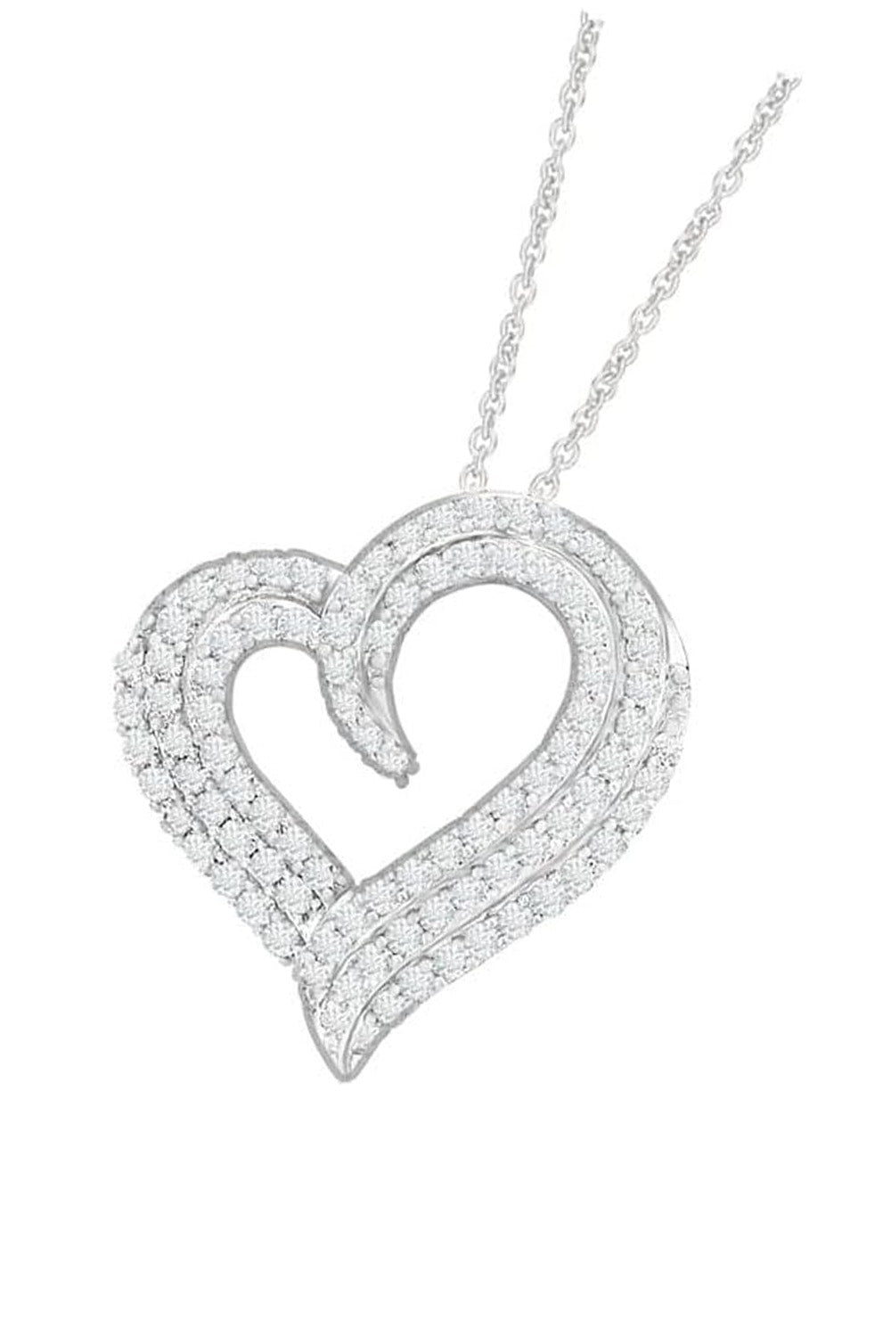 White Gold Color Triple Tilted Heart Pendant Necklace