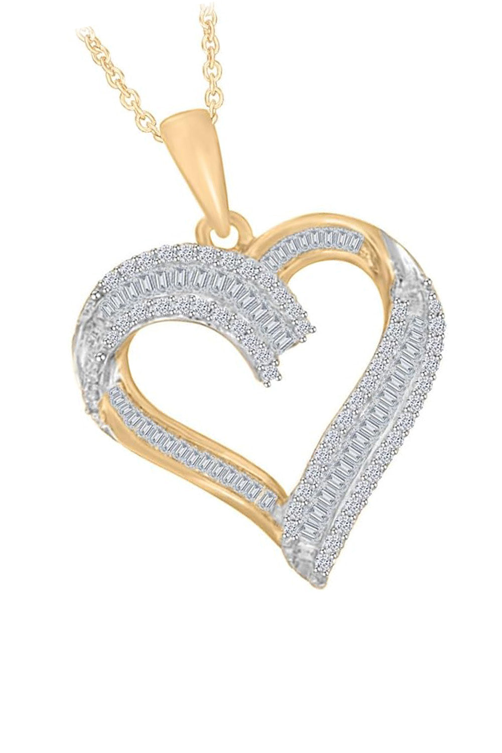 Yellow Gold Color Baguette Cut and Round Moissanite Heart Pendant