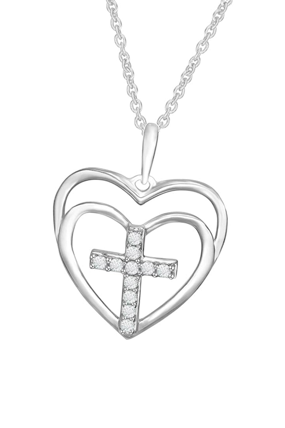White Gold Color Cross Double Heart Love Pendant Necklace