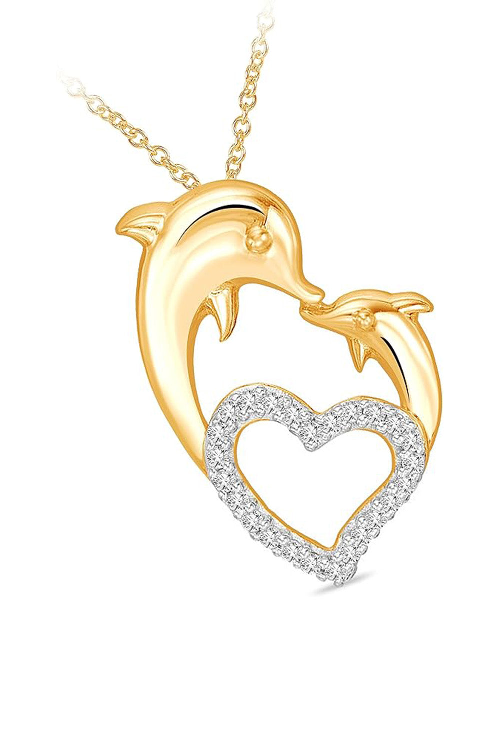 Yellow Gold Color Mother Love Dolphin Heart Pendant Necklace