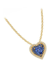 Yellow Gold Color Latest Blue Sapphire Double Heart Pendant Necklace 
