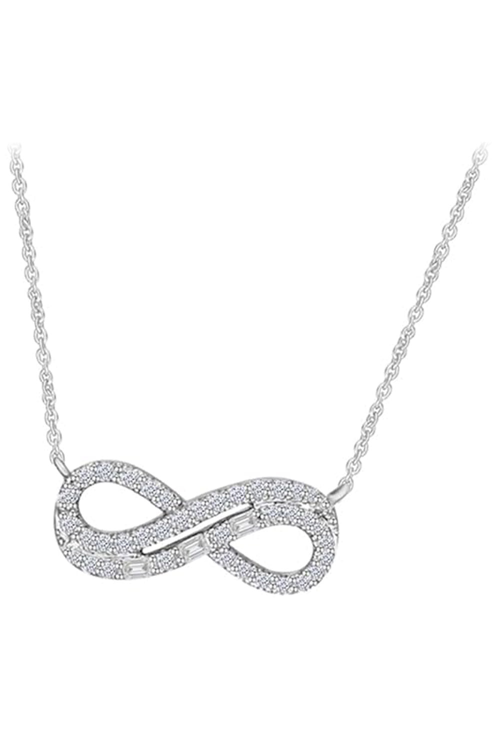 White Gold Color Baguette and Double Row Infinity Pendant Necklace 
