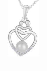 White Gold Color Pearl Child with Mom Double Heart Pendant Necklace 