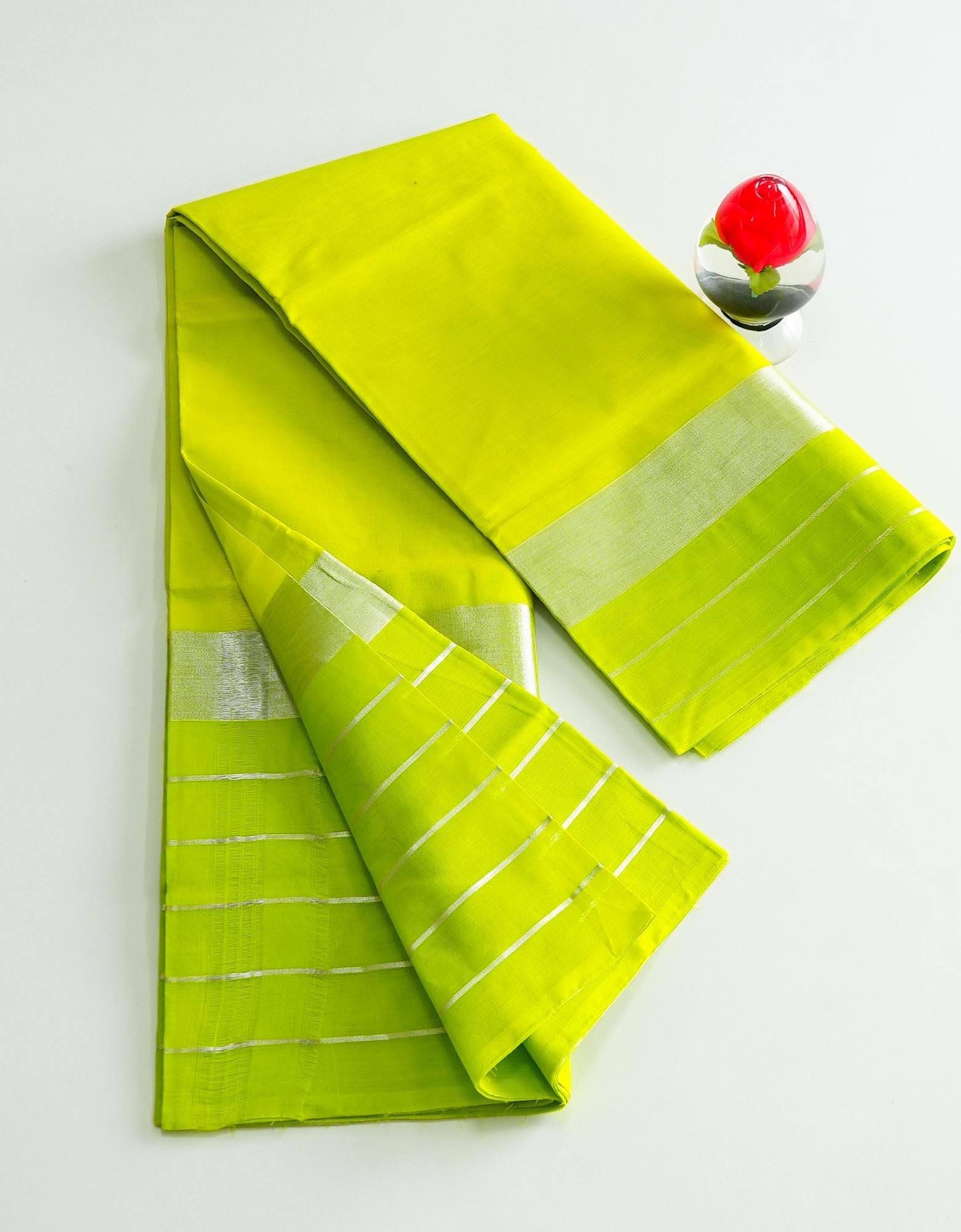 Yellow Green Color Cotton Saree with Silver Line
