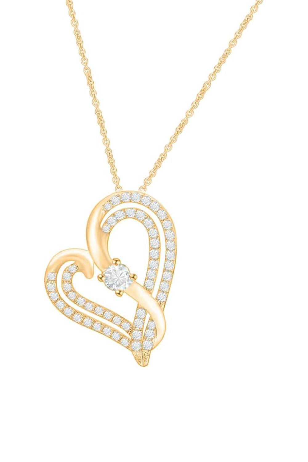 Yellow Gold Color Crossover Double Heart Pendant Necklace 
