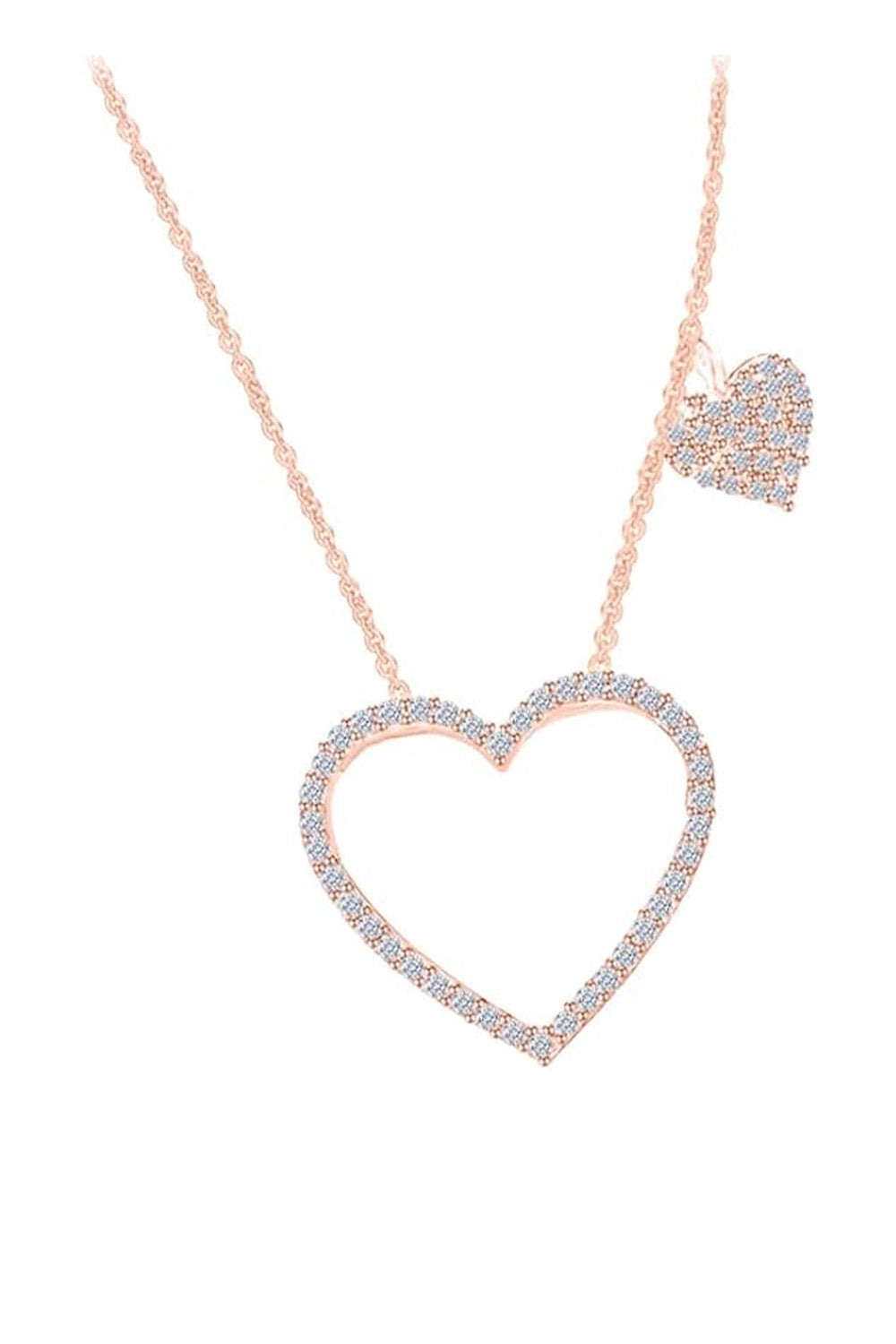 Rose Gold Color Heart Outline with Heart Dangle Station Necklace 