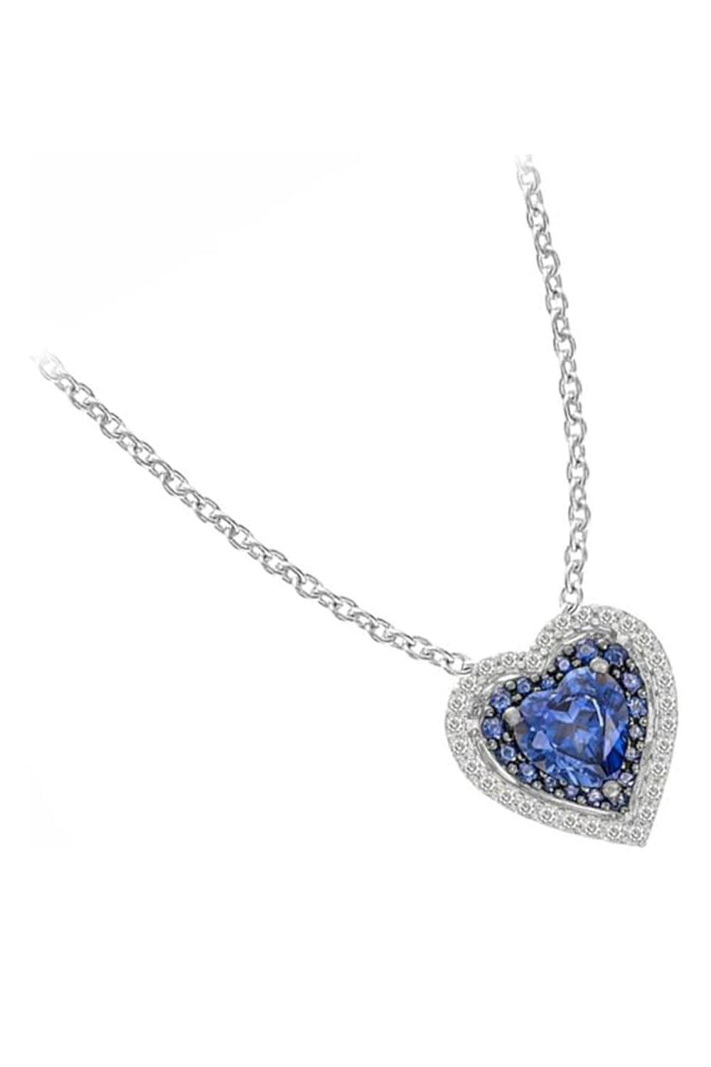 White Gold Color Latest Blue Sapphire Double Heart Pendant Necklace 