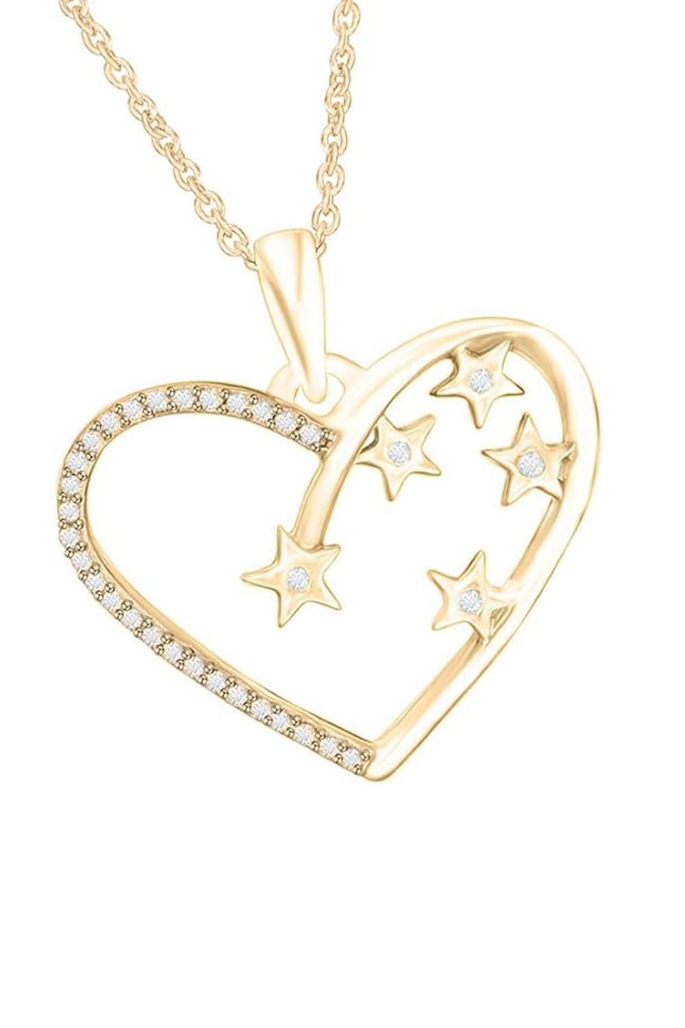 Yellow Gold Color Heart Outline and Scattered Star Pendant Necklace 