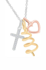 Moissanite Cross, Tree and Heart Outline Charms Pendant Necklace in 18k Two tone Gold Plated Sterling Silver.