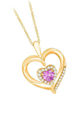 Yellow Gold Color Pink Sapphire Diamond Double Heart Pendant Necklace 