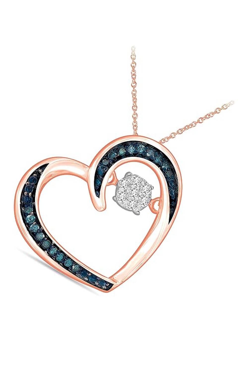 Rose Gold Color Blue and White Moissanite Heart Pendant Necklace