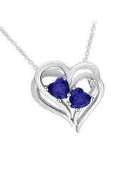 White Gold Color Blue Sapphire and Double Heart Pendant Necklace