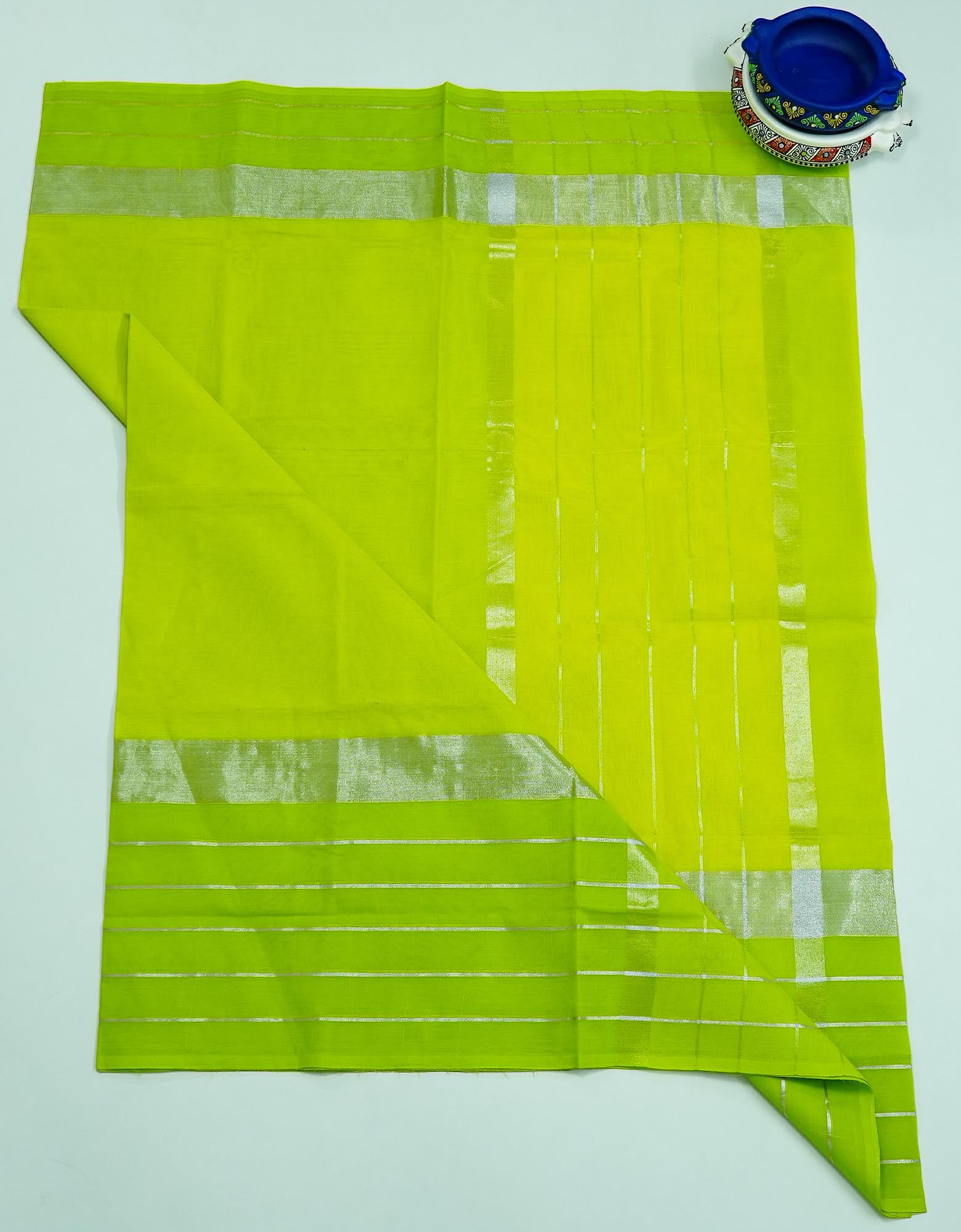 Yellow Green Color Cotton Saree with Silver Line