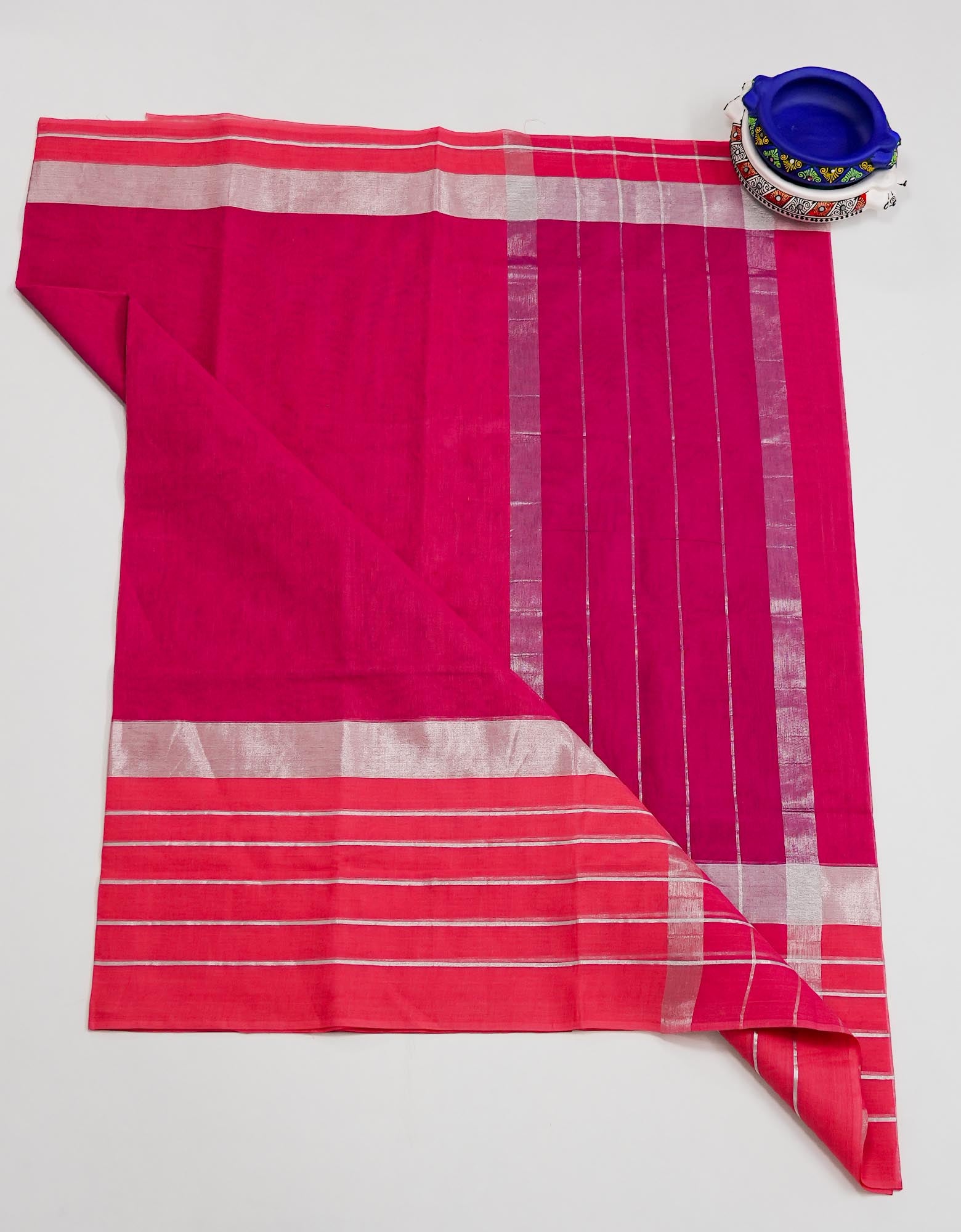 Dark Pink Color Cotton Saree with Silver Line