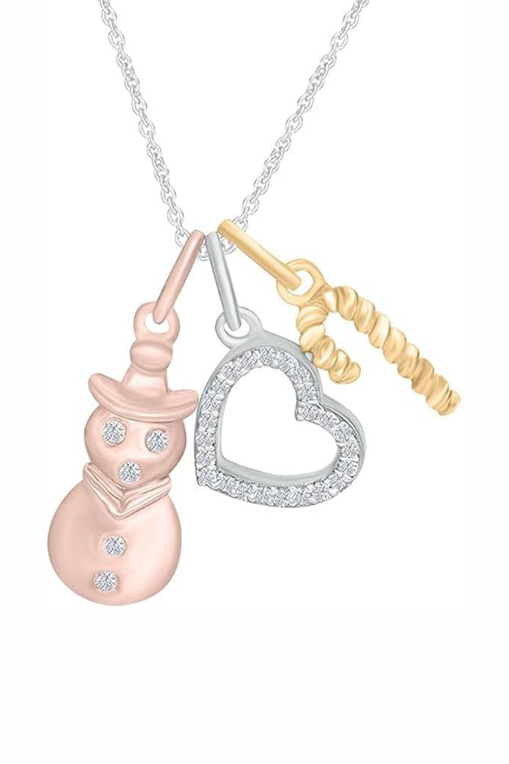 Moissanite Snowman, Heart and Candy Cane Charms Pendant Necklace in 18k Two tone Gold Plated Sterling Silver.
